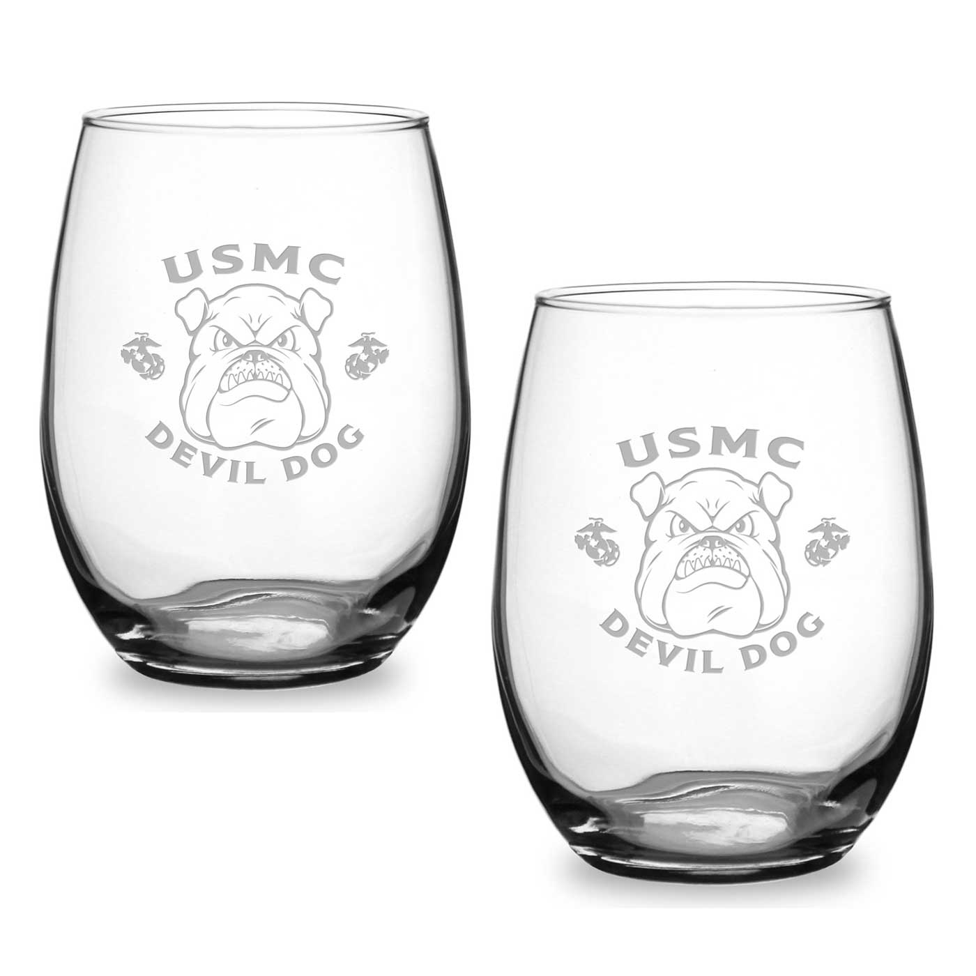 Marines Bulldog Set of 2 21oz Stemless Wine Glasses