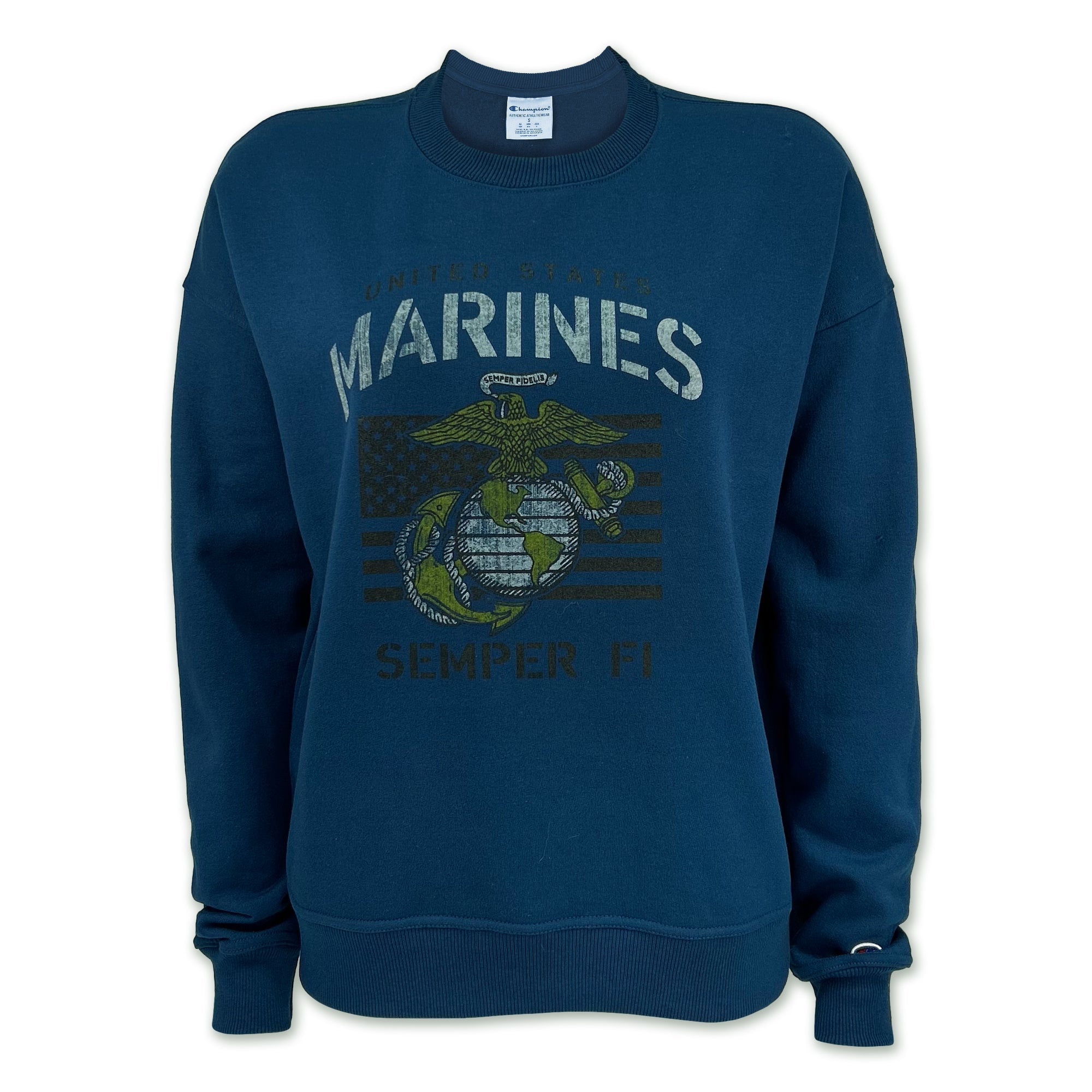 Marines Ladies Vintage Stencil Champion Crewneck (Blue)